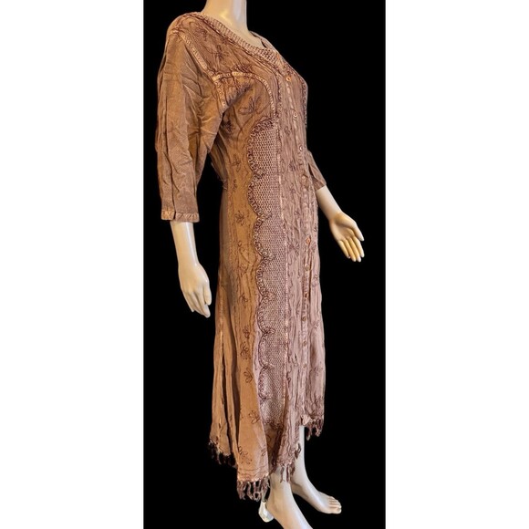 VTG Embroidered Maxi Dress  Free Size Button Front Rayon Tie Fringe Boho Cottage - Picture 2 of 13